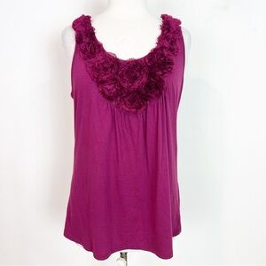 ELLE PURPLE SLEEVELESS V-NECK SHIRT RUFFLED DETAIL AROUND NECKLINE SZ MEDIUM